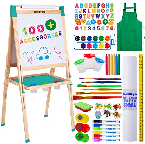 Chevalet Peinture pour Enfants 3 en 1 - Set 100+ Accessoires, Tableau Enfant Double Face avec Noir Magnétique, Chevalet Pour Enfant, Tableau Blanc Magnetique Enfant Sur Pied en Bois 3-4 4-8 9-12 ans