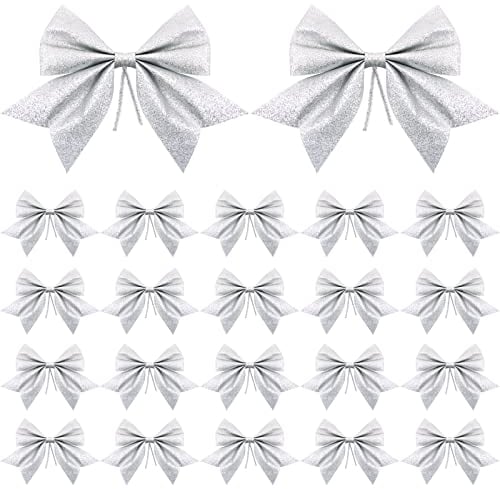 20 Stück 15x14cm Weihnachten Schleifen Glitzer Silber Weihnachtsschleifen Bogen Hänge Deko für Weihnachtsbaum Weihnachtskranz Tannenbaum Weihnachtsbaumschmuck Weihnachtsdeko Weihnachtsbaumschleifen
