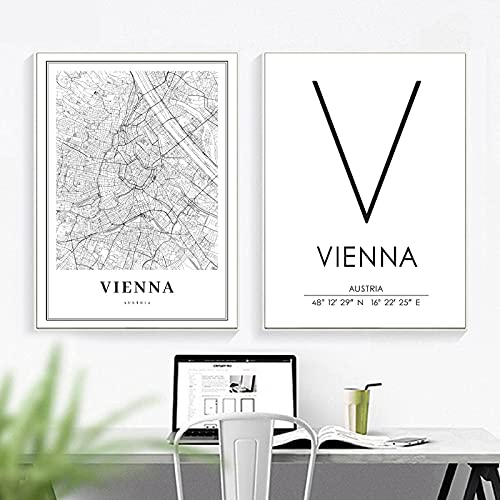 SDVIB Schwarz Weiß Wien Österreich Karte Druck Salzburg Leinwand Wand Kunstdruck Wien Koordinaten Malerei Nordische Bilder Wohnkultur19.6”x 27.5”(50x70cm) x2 No frame