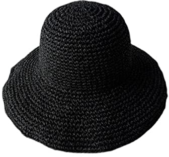 HESYSUAN Sombrero de paja flexible para mujer, sombrero de playa plegable de ala ancha, sombrero de playa de verano, hecho a mano, sombrero de cubo de ganchillo para ella (negro, M (56-58 cm)