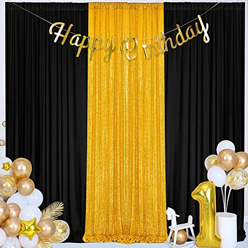 HBBMAGIC 2 Stücke Schwarz Hintergrund Vorhang+2 Stücke Gold Pailletten Hintergrund Vorhänge Schwarz und Gold Hintergrund Vorhänge für Party, Falten freie Hintergrund Vorhänge für Geburtstag Fotowand