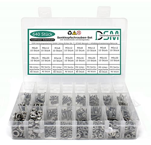640 teiliges Set aus Senkkopfschrauben ISO 14581 mit TX-Antrieb + Sechskantmutter DIN 934 + Unterlegscheibe DIN 125 Edelstahl (M3-M6 Mischbox)