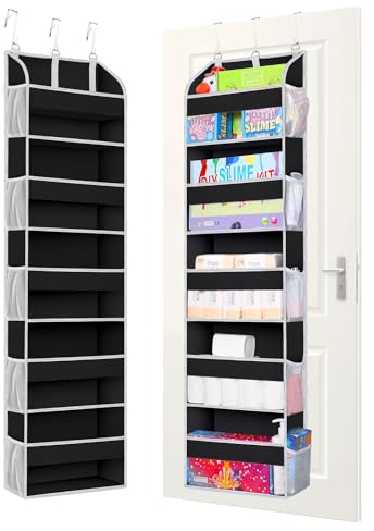 TAHAVICE Over The Door Storage Organizer with 5-Shelf, Door Organizer Hanging 3 Metal Hooks,10 Mesh Pockets(Black)