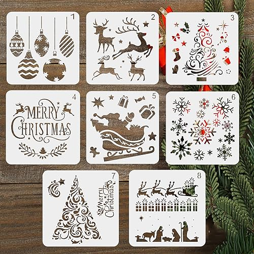8 Stück Schablonen Weihnachten, BTORER Wiederverwendbarer Zeichenschablonen Malschablonen aus Kunststoff, Christmas Stencil für Scrapbooking Fotoalbum, DIY Weihnachtsdekoration Papier Karte Deko