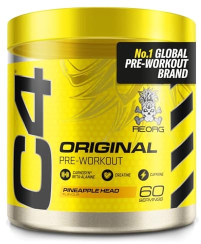C4 Original Pre Workout Pulver, Ananas Kopf, 60 Portionen | Zuckerfreies Pre Workout Energiegetränkepulver mit 150mg Koffein, 1500mg Kreatin Monohydrat, 1600mg Beta Alanin