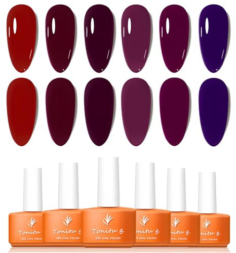 Tonitu G Gel Nail Polish Set 6 Colors Gel Polish Kit, Red Cherry Maroon Crimson Plum Purple Nail Art Design Soak Off LED at Manicure DIY Home Salon Gifts for Women Girls