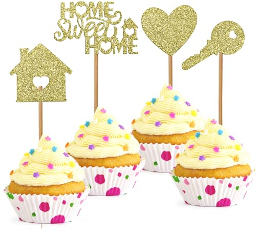 Teaaha 24 Stück Tortendeko Gold, 4 Arten Glitter Cake Toppers, Cake Topper Zur Einweihungsfeier, Personalisiert Torten Topper, Kuchendekoration Zur Einweihungsparty Für Neue Home Party Dekorationen