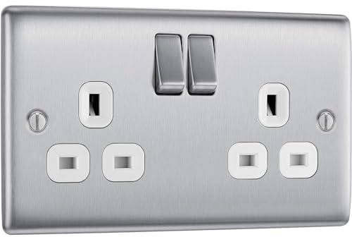 AMK® BG Nexus NBS22W Brushed Steel Satin Chrome Double Socket 2 Gang Twin 13 Amp White Insert