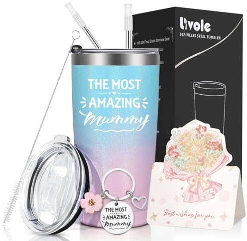 Livole Mum Birthday Gifts from Daughter, Son, Mothers Day Mug with Card, Key Chain Ring, The Most Amazing Mummy, Christmas Presents for Mum, Mummy Mug with Straw and 2 Lids, 20oz Insulated Tumbler