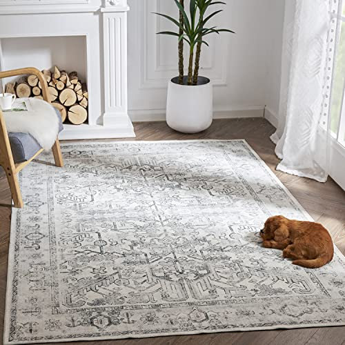 TOPICK Teppich 240x300cm Grau Wohnzimmer Vintage Faltbar Dünner Waschbar Teppichläufer Blumendruck Rutschfester Leichter Küche Badezimmer Eingangsmatte