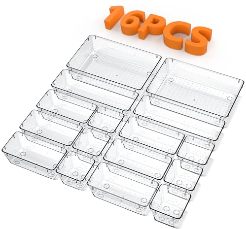 TOWINGO Set de 16 Organizador de Maquillaje Plástico, Transparente Organizador Cajones de 4 Tamaños, Separadores de Cajones para Maquillaje, Baño, Cocina, Escritorio