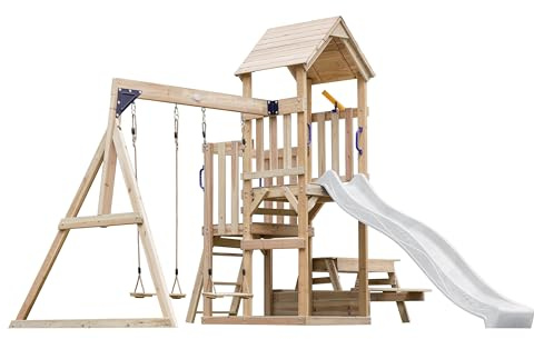 AXI Mette Playhouse in Wood, 2 swings, Picnic Table, White Slide | Outdoor Play Area with Swings/Sandbox | Wooden Outdoor Playhouse on Stilts