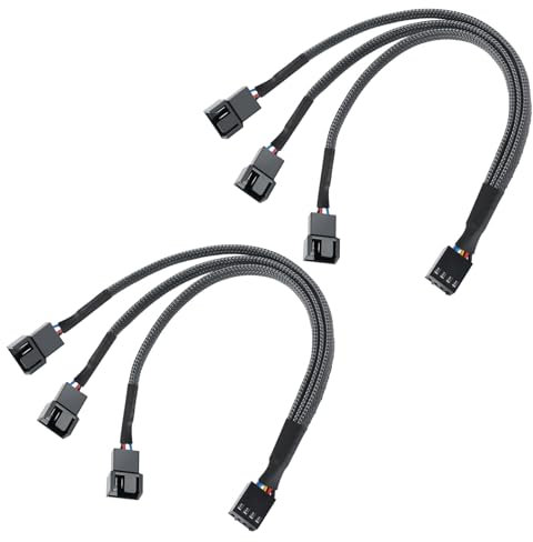 tinshow 2 PCS Pwm Fan Splitter Cable 4pin Pc Fan Power Extension Cable 1 to 3 Y Splitter 1 to 3 Converter for Computer Atx Case 4-Pin/3-Pin Cooling Fan Cable,Black Sleeved Braided