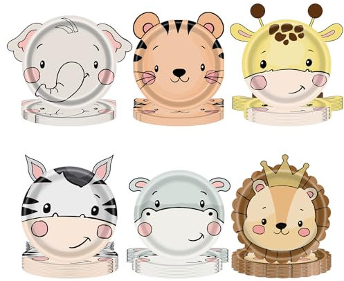 60P Jungle Safari Party Plates Animals Shaped Paper Plates for Kids Jungle Plate,Safari Zoo Party Plate Elephant Tiger Lion Paper PlateGiraffe Jungles Platefor Wild One Birthday PartyPlate