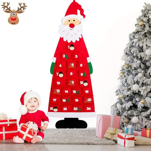 Filz Adventskalender Santa, Adventskalender zum Befüllen Kinder Adventskalender aus Stoff mit 24 Täschchen zum Befüllen, Wandbehang Weihnachtsdeko Geschenk Weihnachten zum Aufhängen