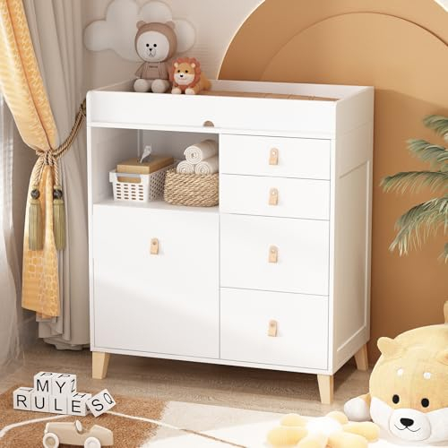 PREMTURE Commode à Langer avec Plan à Langer, Commode à 5 tiroirs, Protection Anti-basculement, Table à Langer avec 5 tiroirs, Table à Langer avec de Nombreux tiroirs, MDF, Blanc, 116 x 46 x 96 cm