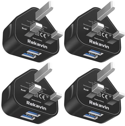 USB Plug 4-Pack Black Uk 3 Pin, USB Charger Plug Adapter 5V 2.1A Wall Plug Mobile Phone Mains Chargers Quick charging for iPhone Apple 14 Pro Max 13 Plus 12 11 SE2020 XS XR 8, for Samsung, for iPad