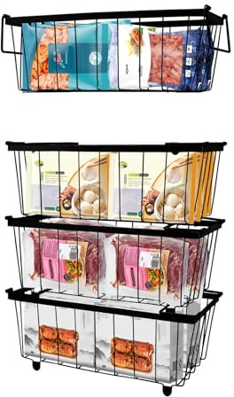 4 Stück Gefrierschrank Organizer, Stapelbare Gefriertruhe Körbe für 5-7 Cu.FT Gefrierschrank, Gefriertruhen Einfacher Zugriff auf Tiefkühlkost, Platz Sparen Gefrierbehälter mit Griffen, Schwarz