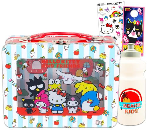 Sanrio - Juego de lonchera de lata de Hello Kitty y sus amigos, paquete de suministros escolares con lata de almuerzo Hello Kitty y amigos, botella de agua, calcomanías, más | Contenedor de almuerzo
