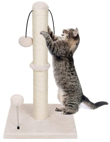 SGAVAHSG 52cm Beige Cat Scratching Post for Indoor Cats, 20.5 Kitty Scratching Post Tower with Hanging Ball Toy, Durable Cat Scratcher Pole with Natural Sisal Rope and Heavy Carpeted Base