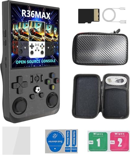R36MAX Handheld Game Console, 4.0 Inch IPS Screen Linux System 4000mAh Rechargeable Portable Pocket Arcade with 64GB TF Card, Built in 18000+ Games, Retro Video Games Player for Kids & Adults