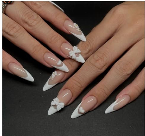 French Tip False Nails - Short Medium Almond Press On Nails With Glue - Oval White French Tip Nude Fake Nails With Bow - Natural Reusable Full Cover Acrylic Stick On nails For Women Girls DIY Nail Art