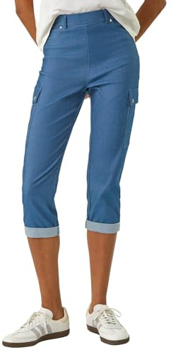 Roman Turn Up Stretch Cargo Trousers for Women UK - Ladies Spring Everyday Summer Holiday Skinny Fit Soft Utility Pull On Comfy Pocket Detail Pants Slim Bottoms - Denim - Size 18