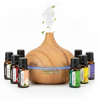 Essential Oil Diffuser & 8 Premium Oils 500ml - Nest & Nibble Ultrasonic Cool Mist Aroma Therapy Diffuser & Air Humidifier Gift w/Remote & 7 LED Lights for Home, Bedroom, Spa & Wellness - Light Wood