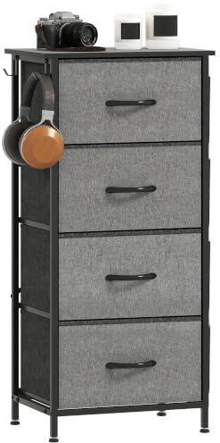 HOMCOM Chest of Drawers for Bedroom, 4 Fabric Drawers, Charcoal Grey | Dresser, Tall Storage Unit, 4 Pockets, 2 Hooks, Steel Frame, Living Room, Hallway