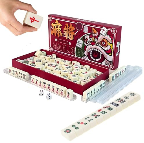 Gobesty Mahjong Set, 144 Mahjong Tiles, Portable Mini Majong Set, Mahjong Game with 2 Dice, Solid Structure, White Engraved Chinese Majong Set for Family Leisure Time Travel