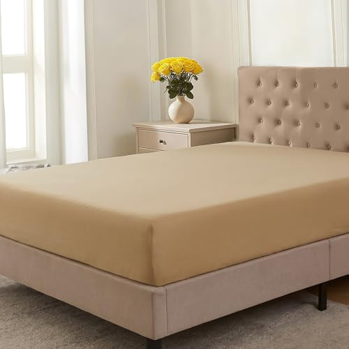 CELESTA Spannbettlaken 140x200cm 100% Baumwolle, Oeko-TEX Zertifiziert | Bettlaken 100% Jersey Baumwolle, Spannbetttuch 140x200, Matratzenhöhe bis 25 cm für Boxspringbett, Sand