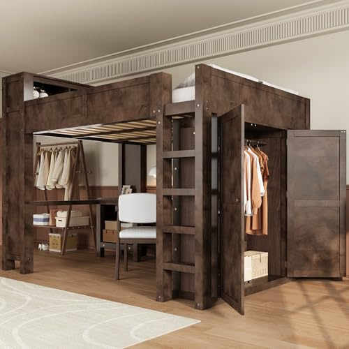 CKLMMC Wooden Queen Loft Bed with Desk, Headboard,Brown-Q1