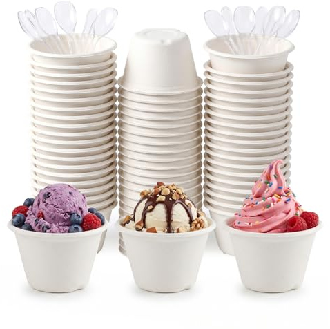 CIYIN 50 Piezas Vasos de Helado Carton, Cuenco Carton con Cucharas, Bianca Vasitos de Papel para Helados, Cuencos de Helado de Papel para Helado Yogur Postres (D, 50 Piezas)
