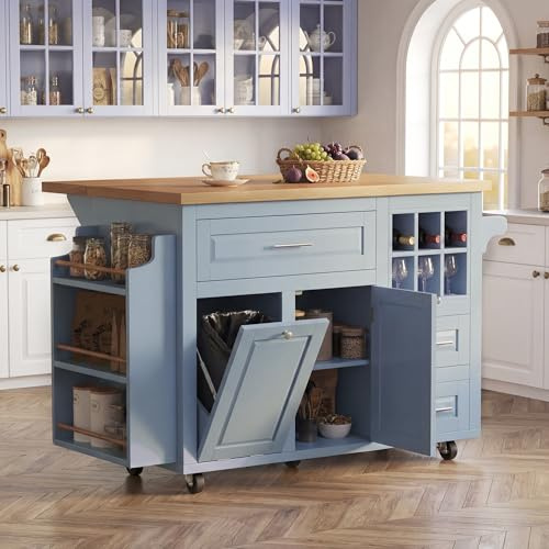 Yihomfy Îlot Central Mobile de Cuisine 120x75x91cm avec Plan de Travail Rabattable, Rangement 3 Tiroirs, Panier à Vin Amovible et Support Poubelle, Table Roulante en Bois avec Espace Snack(Bleu)