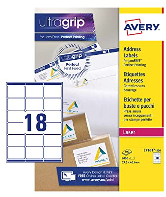 Avery L7161 Printable, Customisable Address Mailing Labels, Laser Printers, 18 Labels Per A4 Sheet, 9000 Labels, UltraGrip, White (L7161-500