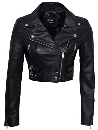 Infinity Chic Nero Corta Giacca da Motociclista in Pelle delle Donne 14