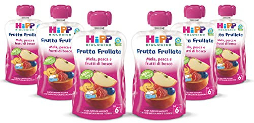 HiPP - Frutta Frullata Bio per Bambini, Purea 100% Frutta al Gusto Mela, Pesca e Frutti di Bosco, Senza Zuccheri Aggiunti, 8 Confezioni da 90 g