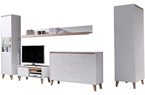 Wohnzimmer Oviedo III, Elegantes Wohnzimmer-set im skandinavischen Stil, Drehtürenschrank, Vitrine, Kommode, TV-Lowboard, 2x Wandregal Komplett (Weiß Matt / San Remo Eiche Hell, mit LED Beleuchtung)