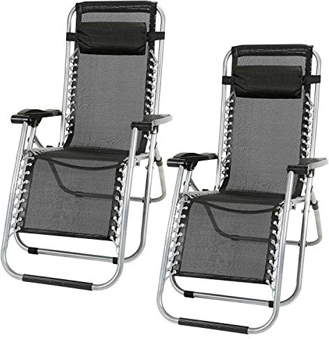 LETTUCE EAT® Set of 2 Black Heavy Duty Textoline Zero Gravity Chairs & Free Side Tables Garden Sunloungers Folding Reclining Chairs Lounger Deck Chairs(9644)