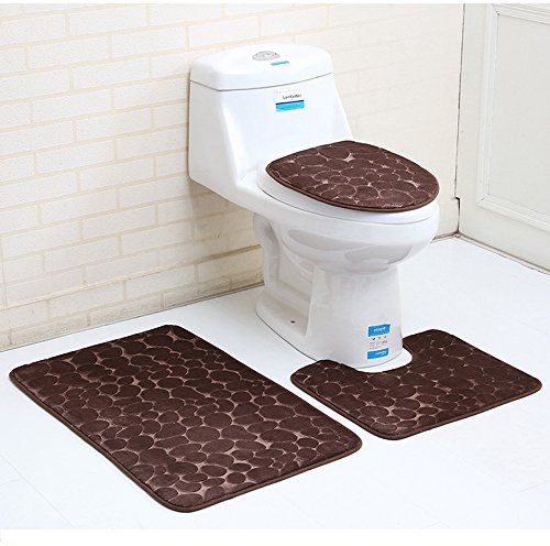 ele ELEOPTION 3 Piece Non Slip Pedestal Bath Mat Set, Toilet Lid Cover Mat, Breathable Memory Foam Bath Mats Soft Comfortable Water Absorbent Toilet Bathroom Rug (Brown)