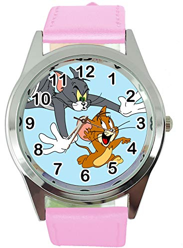 Taport® Tom und Jerry Quarz-Armbanduhr, rund, SCI FI, echtes Lederband, inkl. Ersatzakku und Geschenkbeutel, Rosa