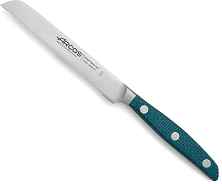 Arcos Cuchillo para Tomates Forjado conierra Acero Inoxidable Nitrum. Mango Micarta y BorSeda Especial con Hoja Plateada 130 mm. Serie Brooklyn. Color Azul.