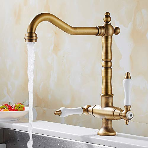 Rubinetto Miscelatore Cucina Rubinetto Elegante Alto Monocomando Cascata con Doppia Manico Lavello Retrò Ottone per Cucina