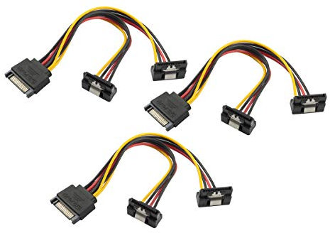 Bolongking - Cable de alimentación SATA de 15 pines macho a 2 conectores SATA de 15 pines hembra en ángulo inferior de 15 pines (paquete de 3, 15 cm de largo)