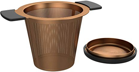 bonVIVO Puri Infuseur À Thé En Inox, Thé Infuseur Avec Couvercle, Filtre À Thé Pour Feuilles De Thé En Vrac, Filtre Inox Thé Pratique Pour Théière Tasse Mug, Mailles Fines, Finition Cuivrée