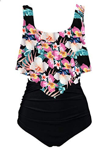 Aidotop Maillots de Bain Femmes 2 Pieces à Volants Vintage Taille Haute Plage Floral Slim Bikini Set (3Black Flower, XXL)