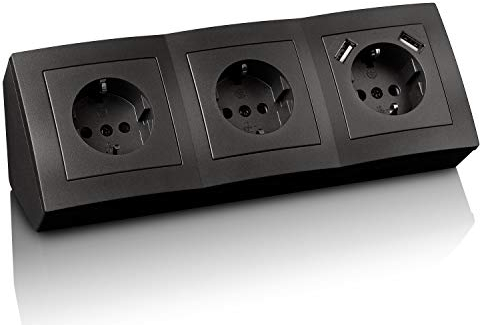 Prise d'angle pour montage en saillie, Schuko, USB, câble de raccordement de 15 cm et borne pour plan de travail de cuisine, bureau, atelier, 250 V ~/16 A, borne d'angle