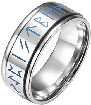 PAMTIER Hombres de Acero Inoxidable Luminoso Vikingo Letras Rune Spinner Amuleto Anillo Plata Tamaño 22