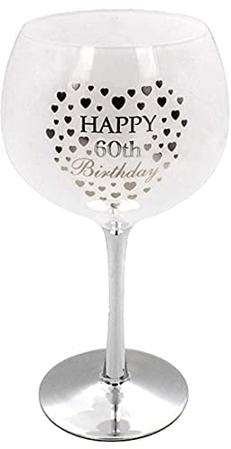 White & Silver Birthday Gin Glass - Heart Detail - 60th Birthday
