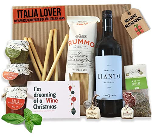 Wein Geschenk Italialover | Geschenkkorb für Frauen & Männer gefüllt mit italienische Spezialitäten | Präsentkorb gefüllt | Präsentkorb Weihnachten | Wein Geschenkset | Feinkost Geschenkset Fresskorb